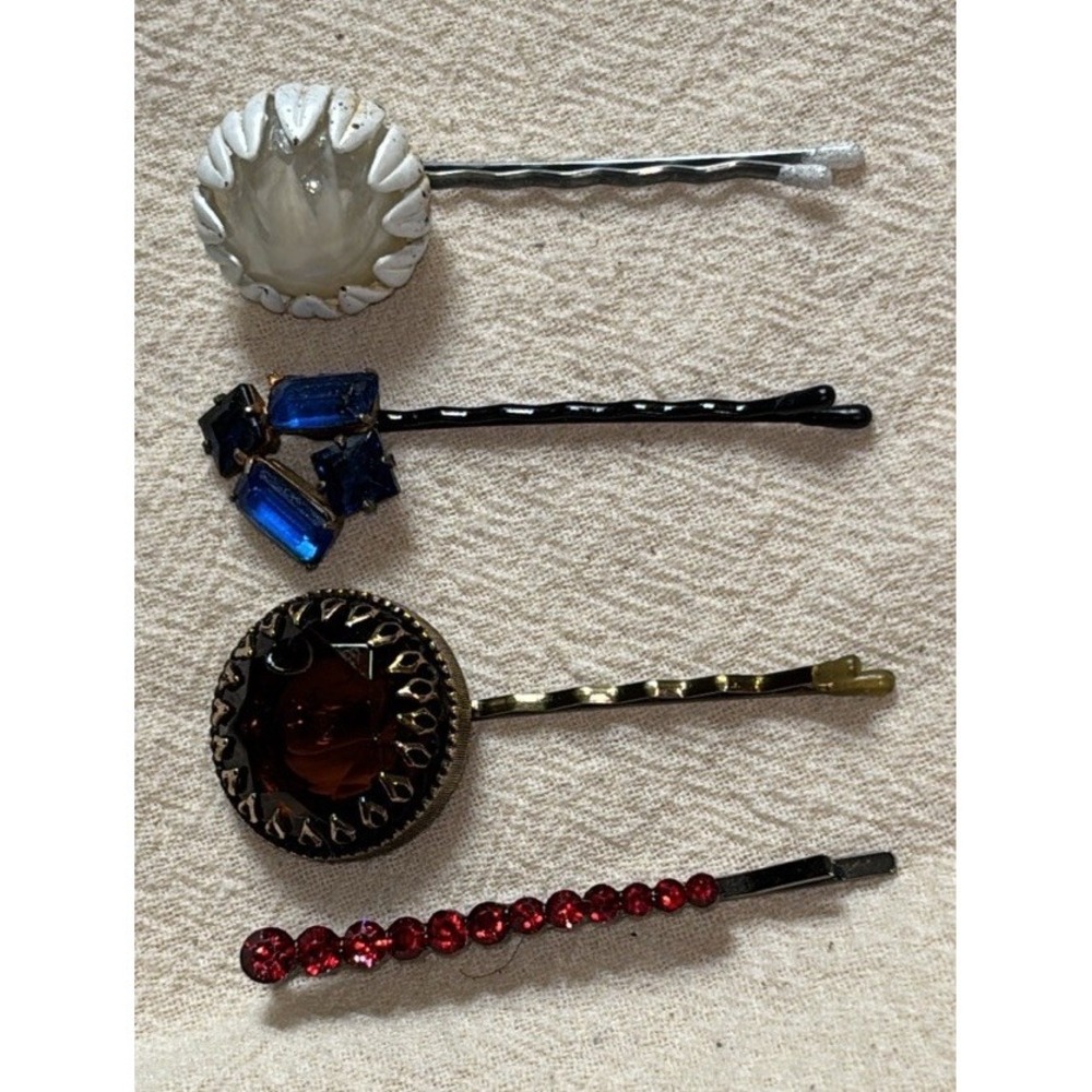 Vintage Rhinestone & Other Hair Bobby Pins Silver Tone Set Of 4 - Picture 1 of 6